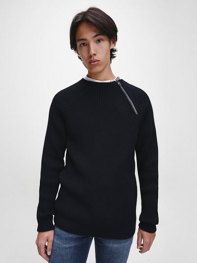 Calvin Klein Ruhák HU453920 | Calvin Klein Cotton Wool Zip Neck Férfi Pulóver Fekete